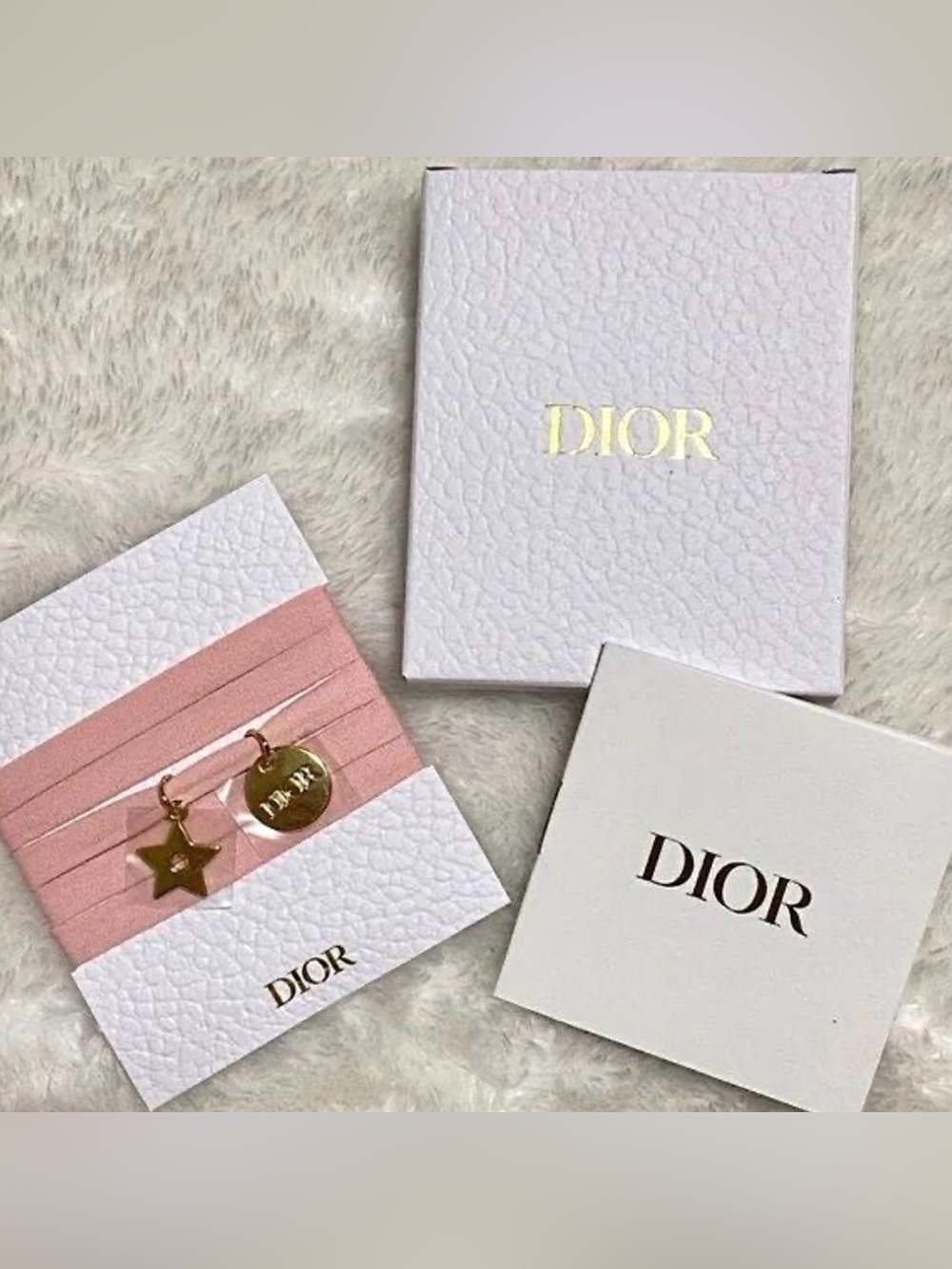 Dior Pink Ribbon Bracelet with Gold Star and Disc Charms  NWB GWP